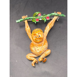 Vintage Hollycraft Enamel Swinging Monkey Ape Brooch with Vine